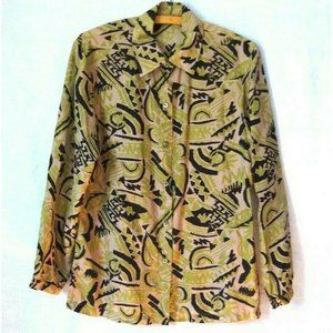 S/M Unisex Vintage Silk Green & Black Abstract Print Button Up Collared Shirt